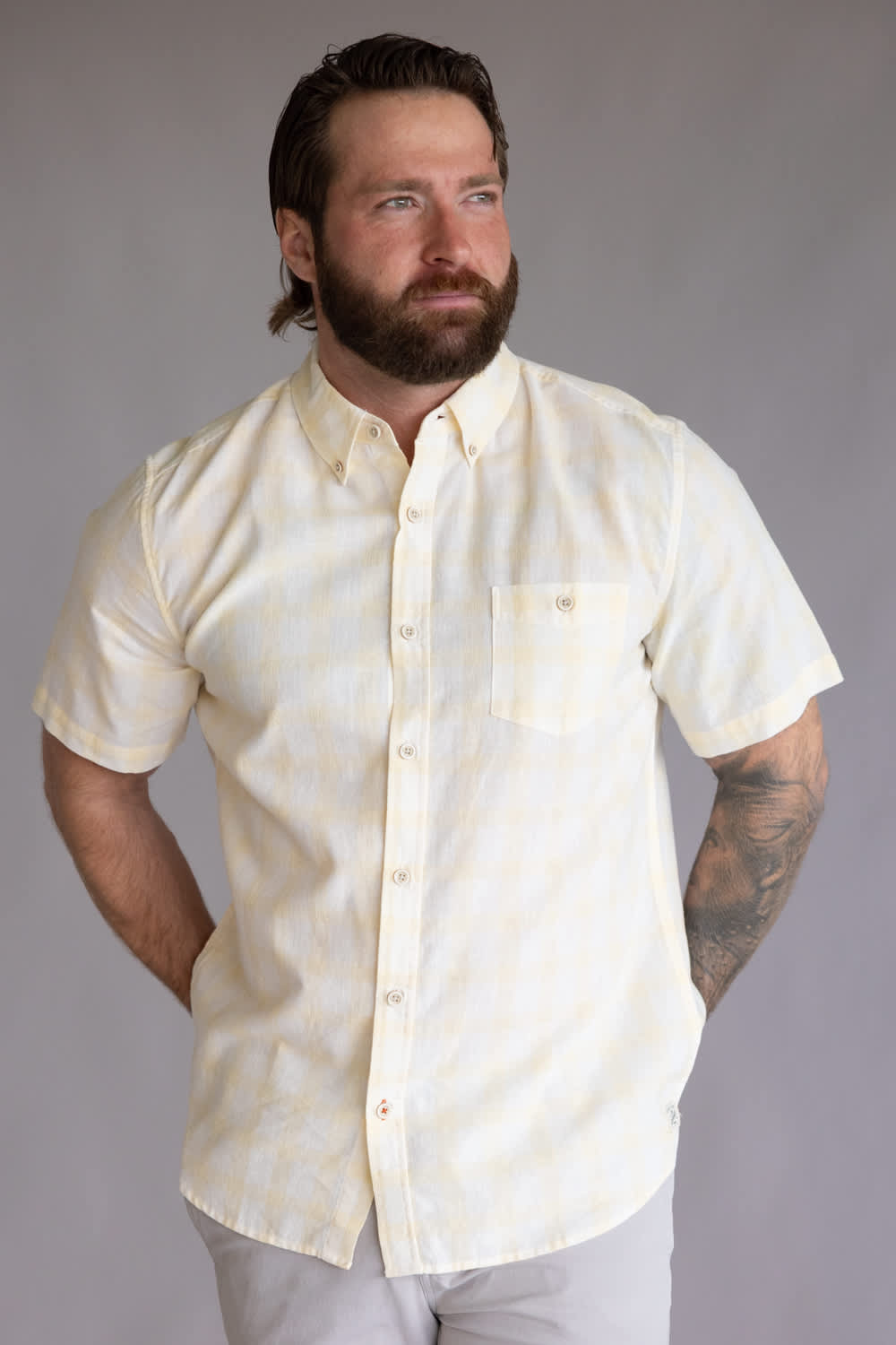 Weatherproof Vintage Cotton Plaid Button Down for Men in Lemon Gelato