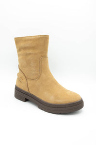 A tan suede ankle boot with a dark brown sole, shown from a three-quarters angle on a white background.