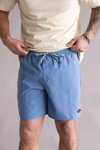 Person wearing blue shorts and a beige shirt against a plain background. The shorts are Quiksilver Saltwater Volley 17" Swim Trunks for Men in Riviera.