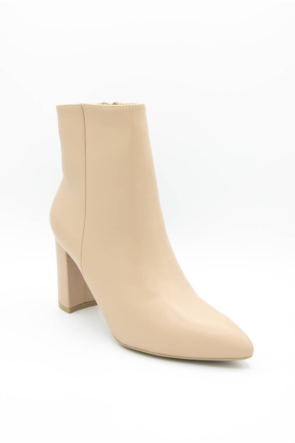 A single beige ankle boot with a pointed toe and a chunky block heel, photographed on a clean white background.