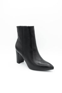 A single black leather ankle boot with a pointed toe and a chunky block heel, photographed from a three-quarters angle on a clean white background.