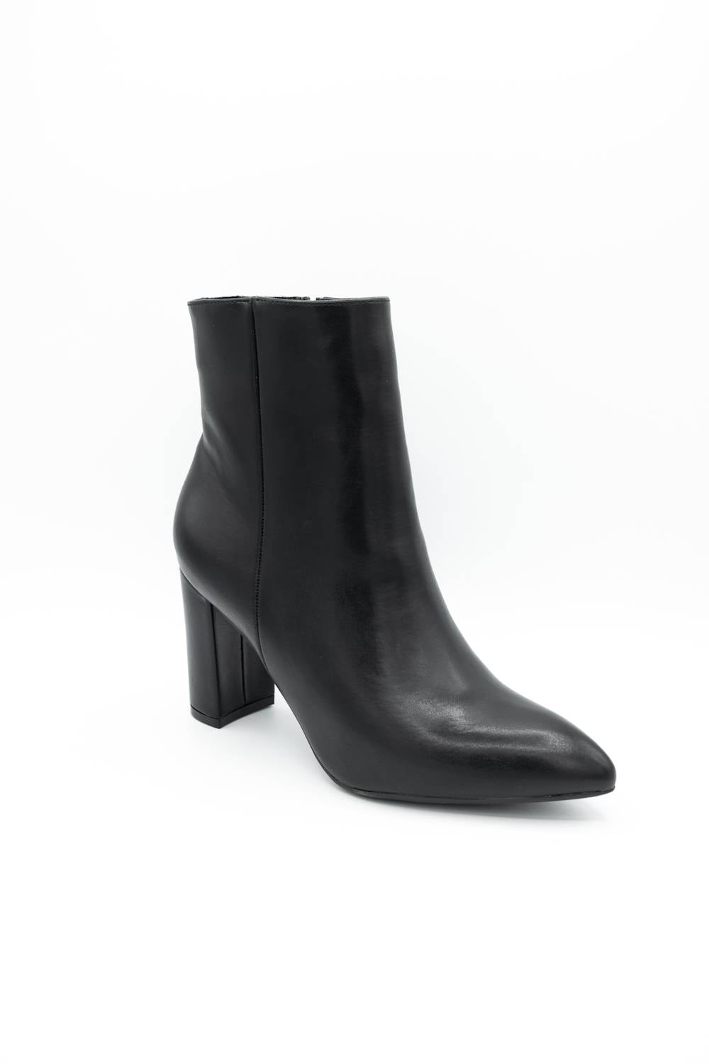 A single black leather ankle boot with a pointed toe and a chunky block heel, photographed from a three-quarters angle on a clean white background.