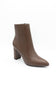 A single brown leather ankle boot with a pointed toe and a chunky block heel, photographed from a three-quarters angle on a white background.