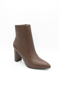 A single brown leather ankle boot with a pointed toe and a chunky block heel, photographed from a three-quarters angle on a white background.