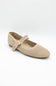 A single beige openwork mesh Mary Jane flat shoe with a gold-tone buckle, shown from a three-quarters angle on a light gray background.
