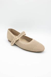 A single beige openwork mesh Mary Jane flat shoe with a gold-tone buckle, shown from a three-quarters angle on a light gray background.