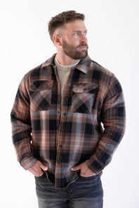 Matix Sherpa Lined Flannel Shacket in Black and Brown showing man wearing shacket