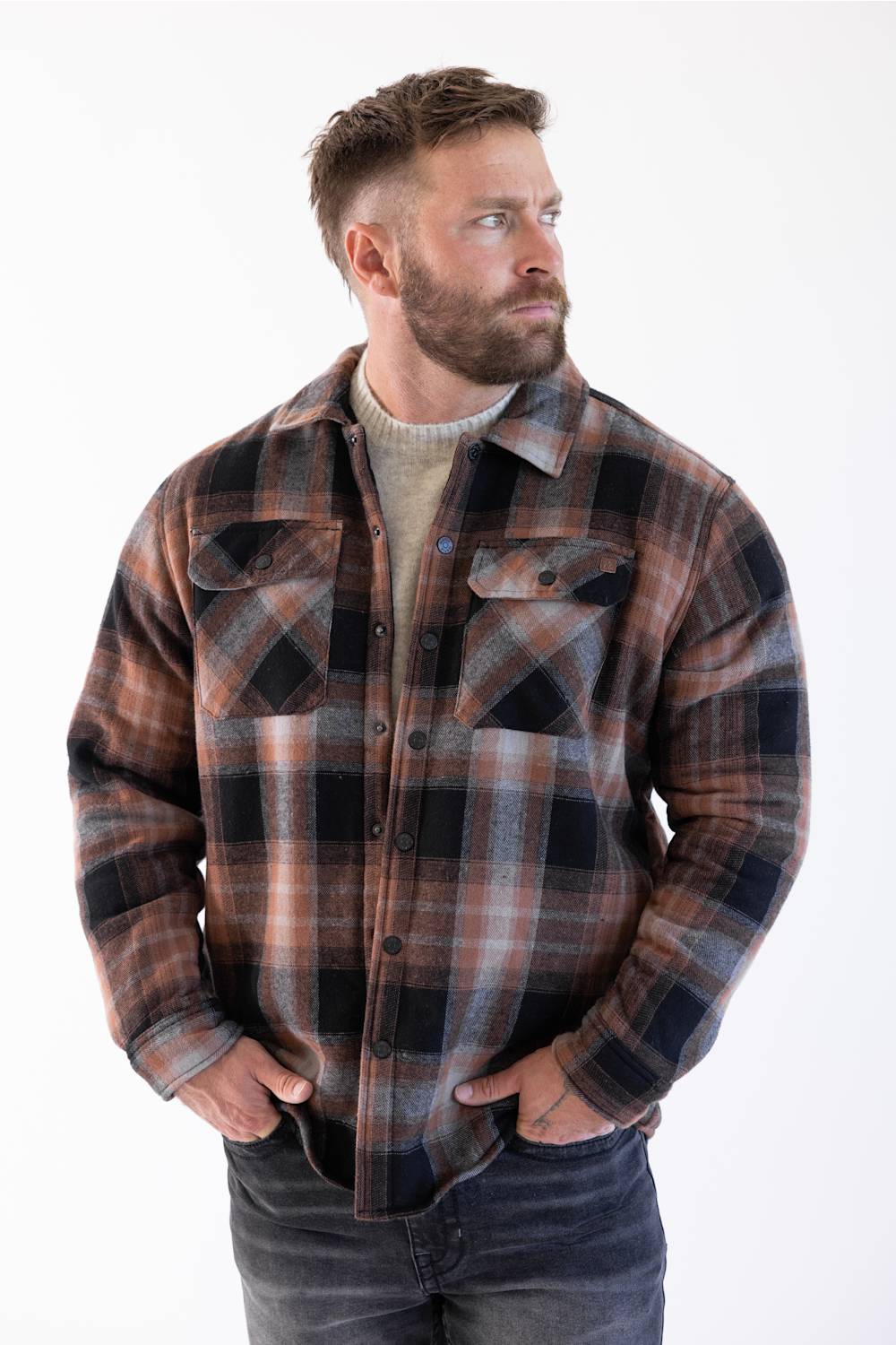 Matix Sherpa Lined Flannel Shacket in Black and Brown showing man wearing shacket