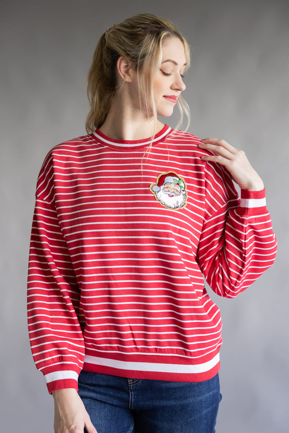  Simply Southern Santa Baby Varsity Crew Sweatshirt for Women in Red 