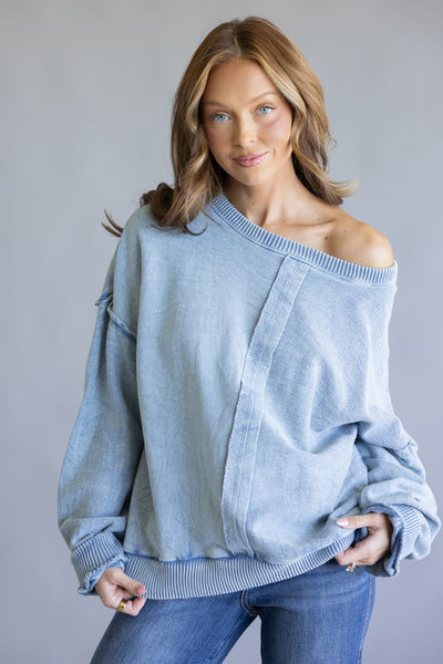Simply Southern Drop Shoulder Pullover for Women in Denim 
