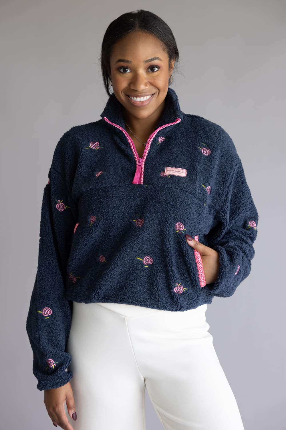 Simply Southern Taylor ½ Zip Pink Flower Pullover for Women in Navy