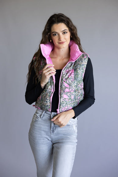 Simply Southern Cropped Puffer Vest for Women in Camo Pink