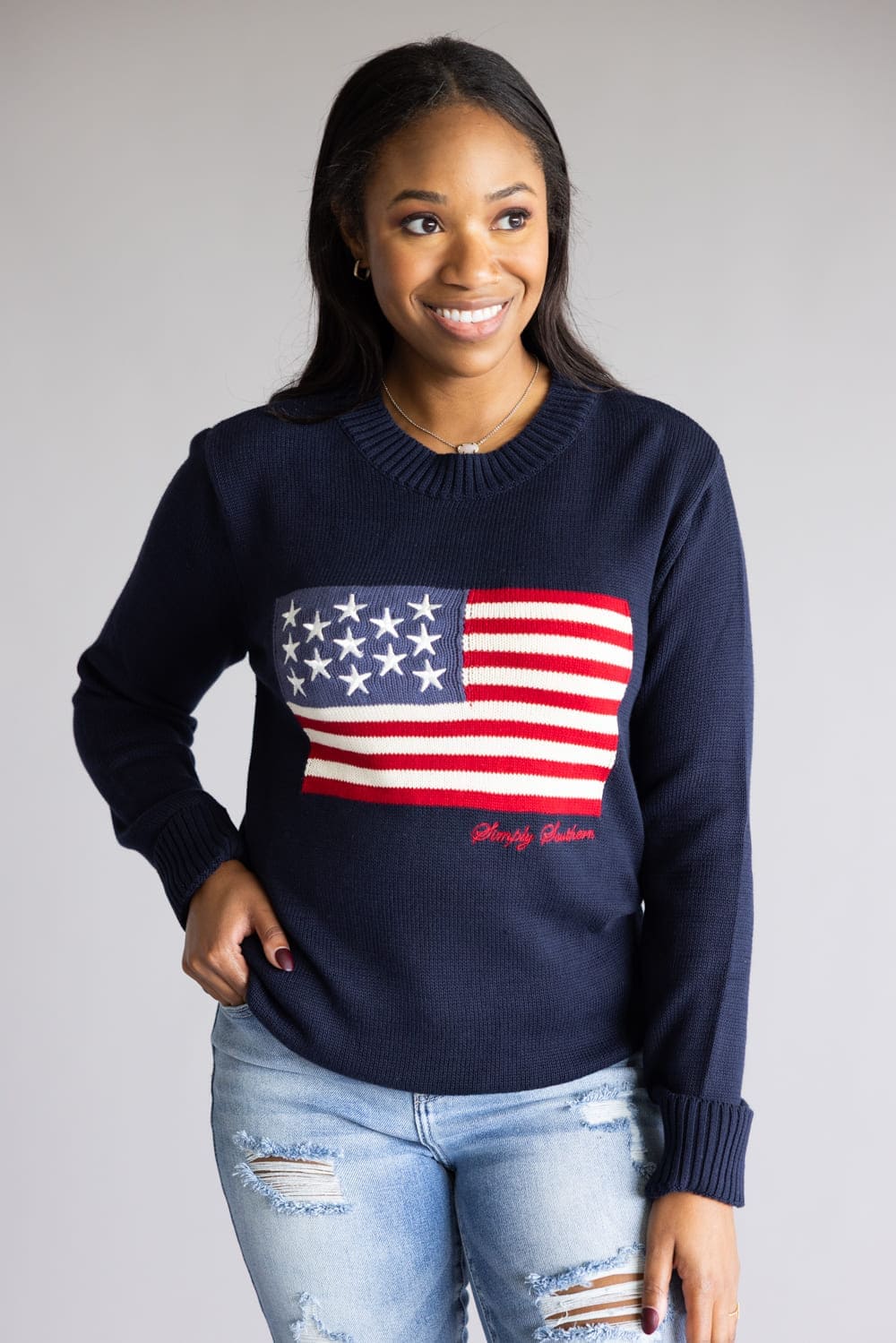 Simply Southern Preppy USA Flag Sweater for Women in Navy
