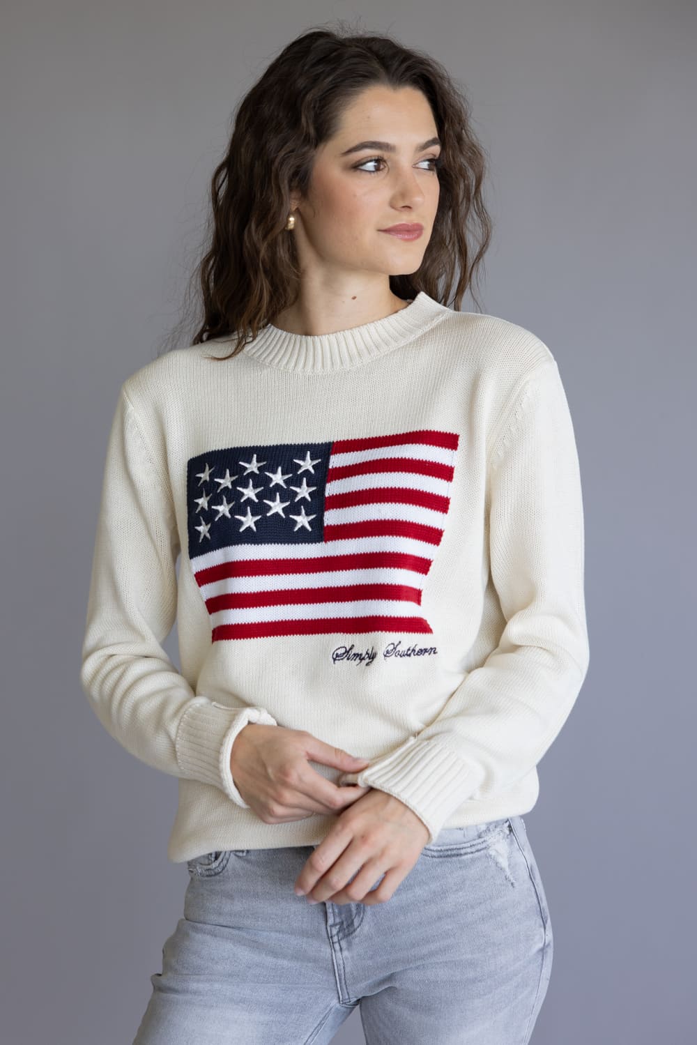 Simply Southern Preppy USA Flag Sweater for Women in Antique White