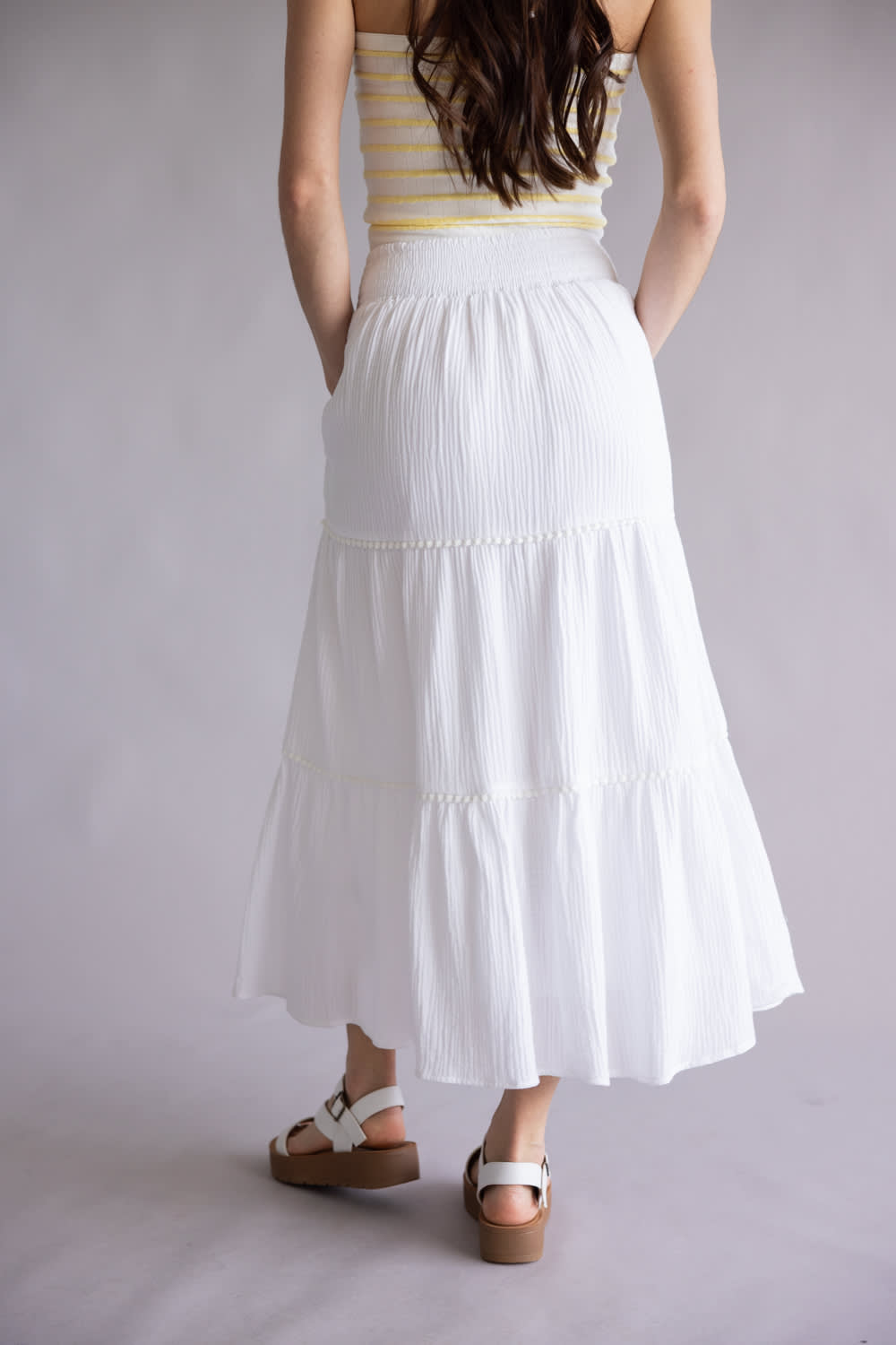 Smocked Waist Tiered Midi Skirt for Women in Off White