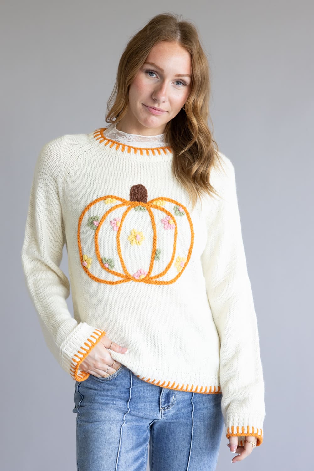 Embroidered Pumpkin Floral Blanket Stitch Sweater for Women in Ivory