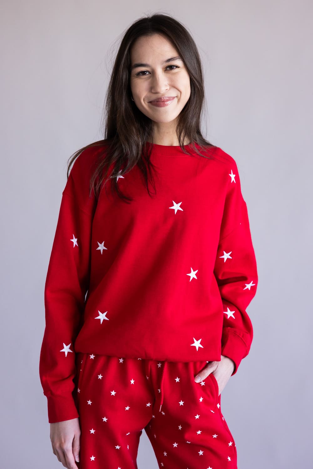 Star Embroidered Fleece Crewneck for Women in Red