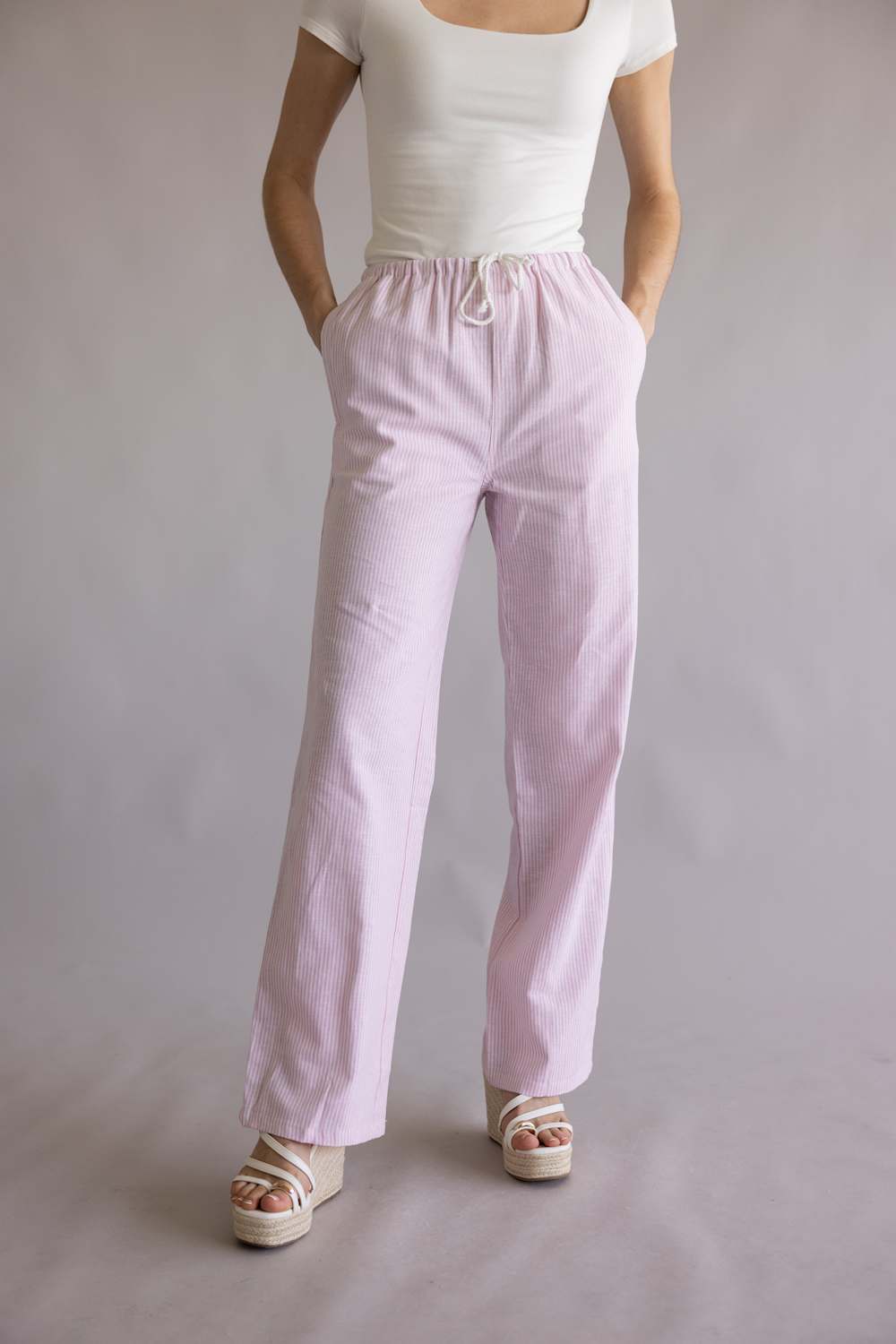 Love Tree Pinstripe Drawstring Linen Pants for Women in Light Pink | 60024PN-LTPINK
