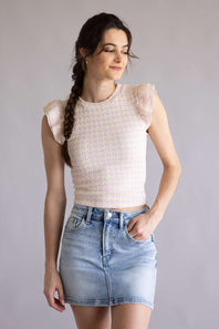  Stripe Flutter Sleeve Top for Women in Ivory Pink 