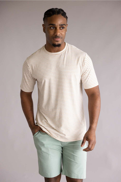 Weatherproof stripe stretch dobby crew neck tee tan 