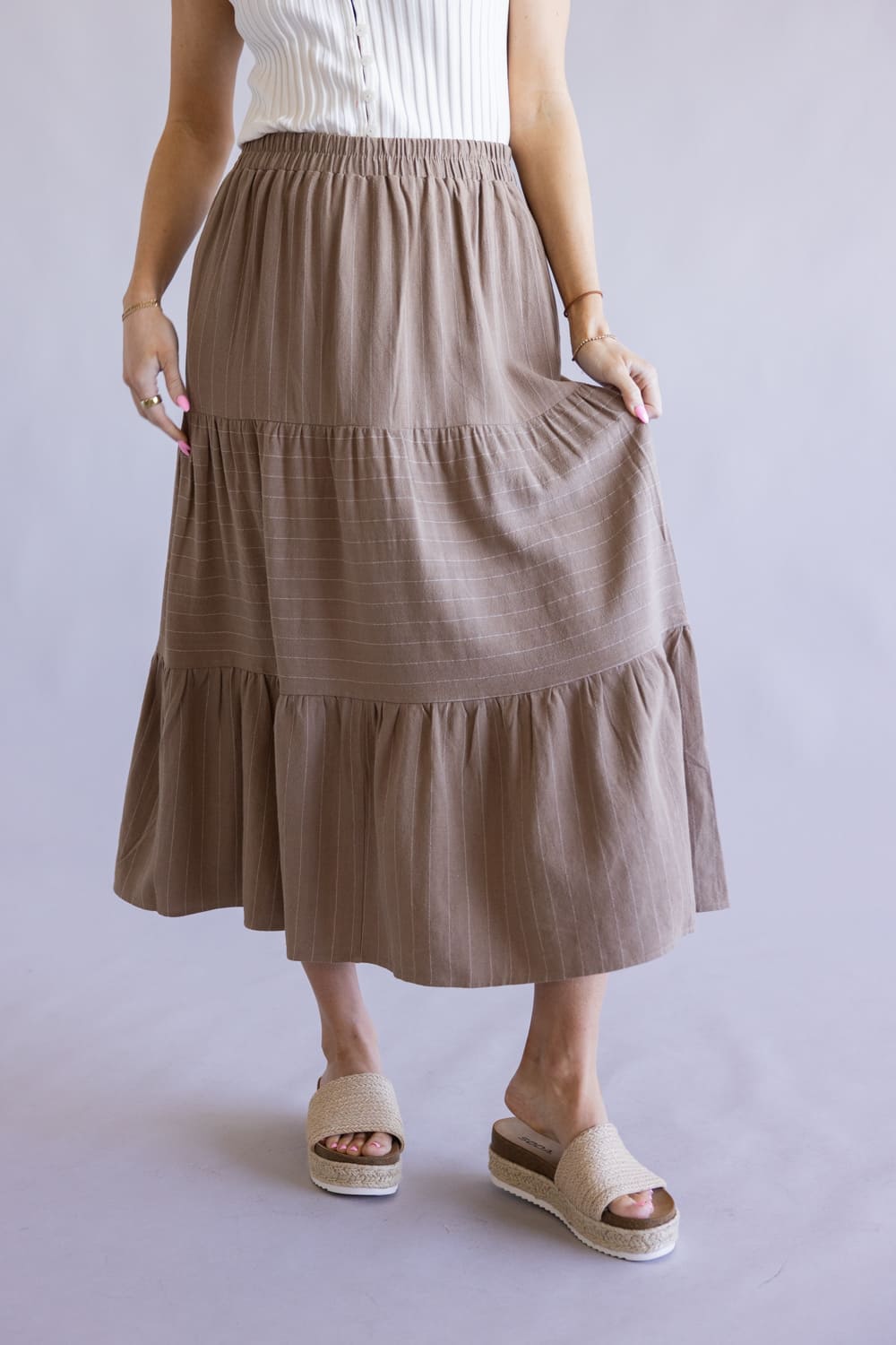 Stripe Tiered Maxi Skirt for Women in Mocha White