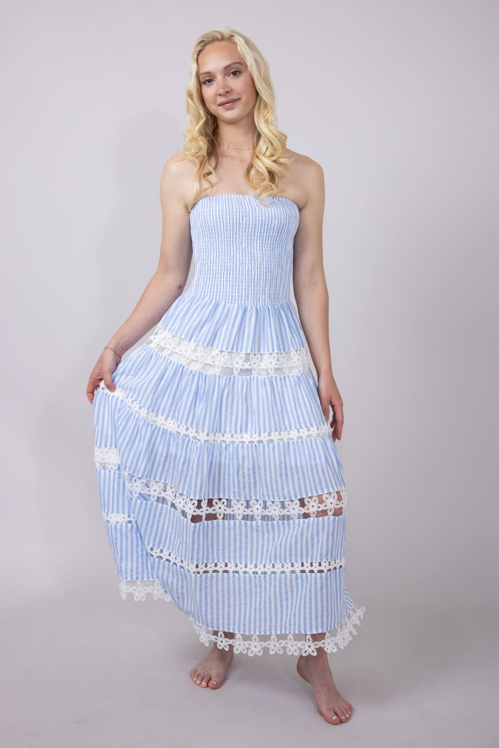 Eyelet Stripe Lace Strapless Midi Dress for Women in Blue D