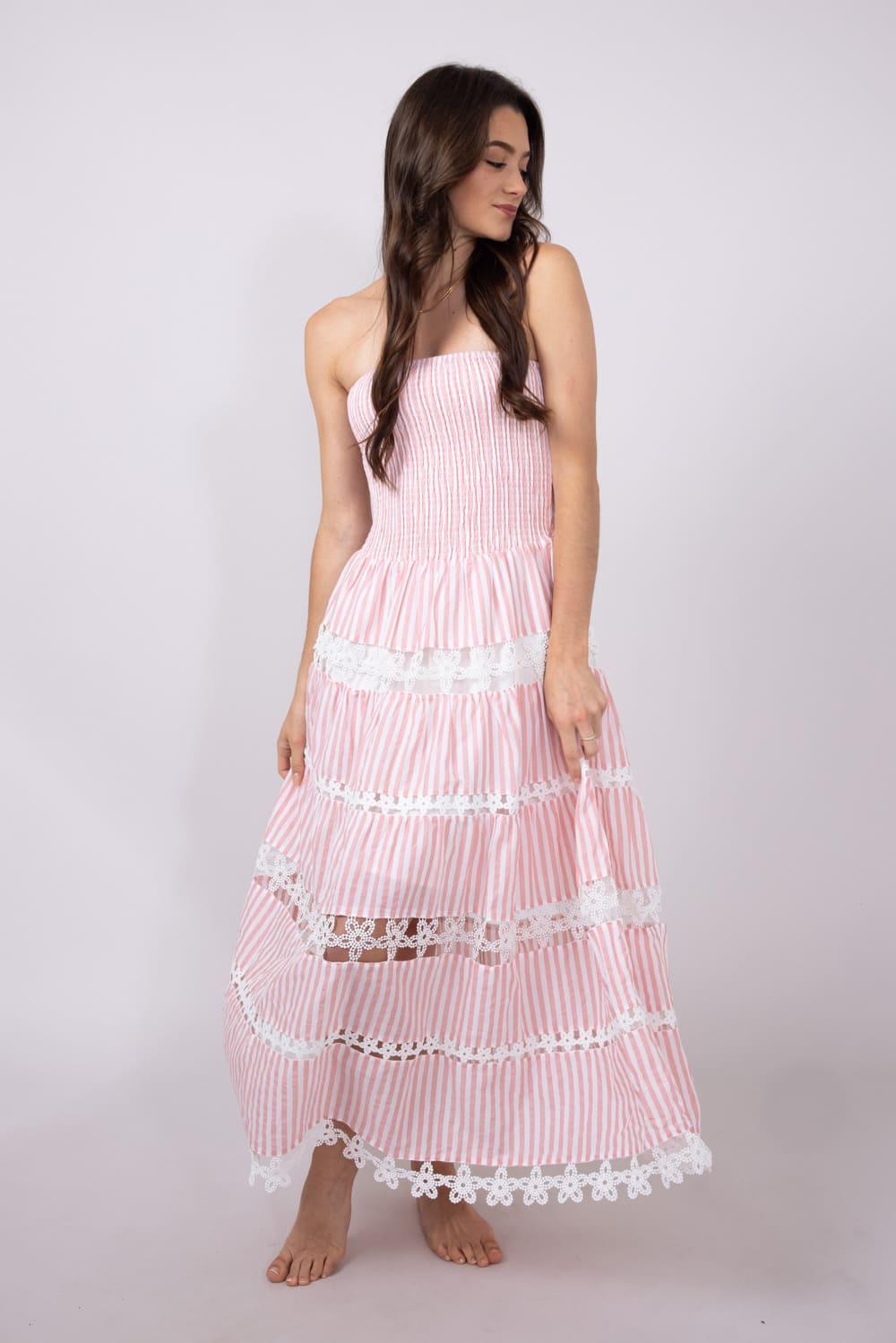 chinese dress ladies Eyelet Stripe Lace Strapless Midi Dress for Women in Pink