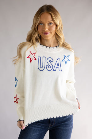 Simply Southern Knit USA Star Sweater for Women in Cream | PP-0126