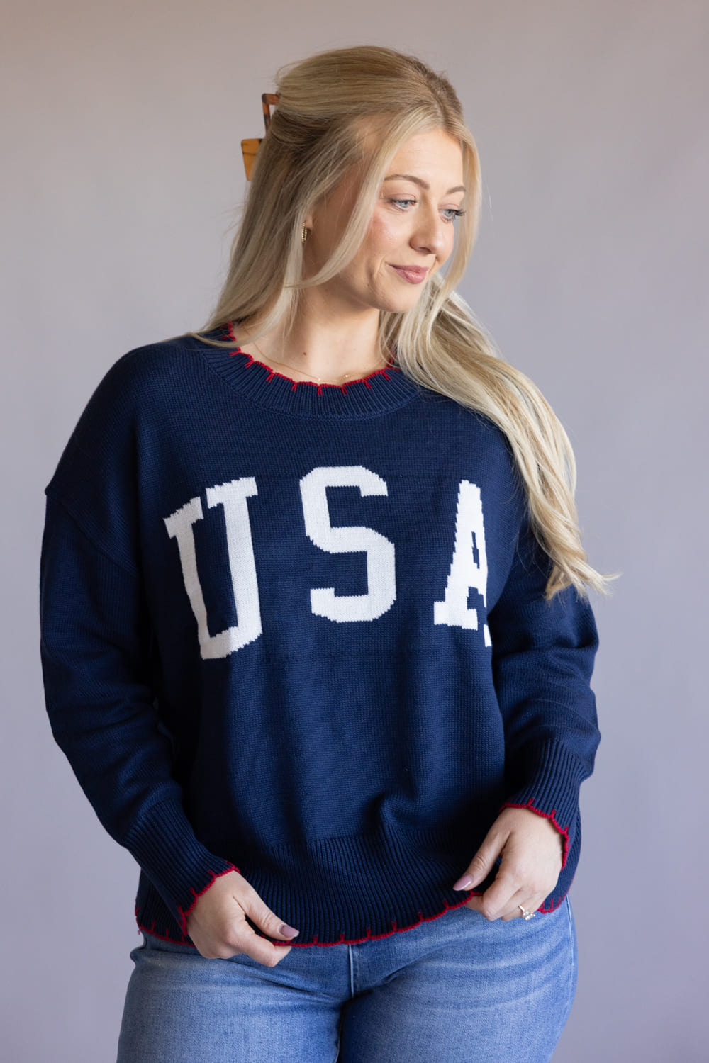 Simply Southern Knit USA Sweater for Women in Navy