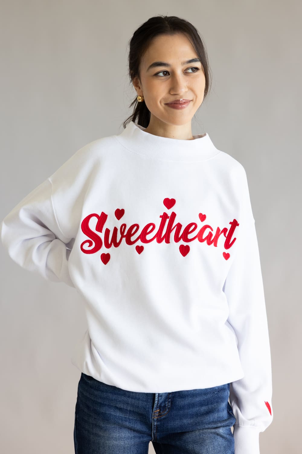 1897 Active Sweetheart Embroidered Mock Neck Sweatshirt for Women in White/Re