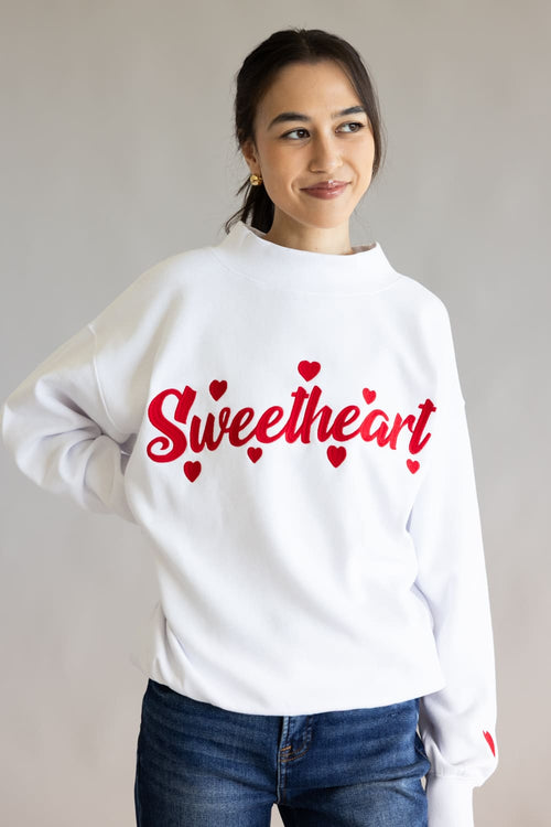 1897 Active Sweetheart Embroidered Mock Neck Sweatshirt for Women in White/Re