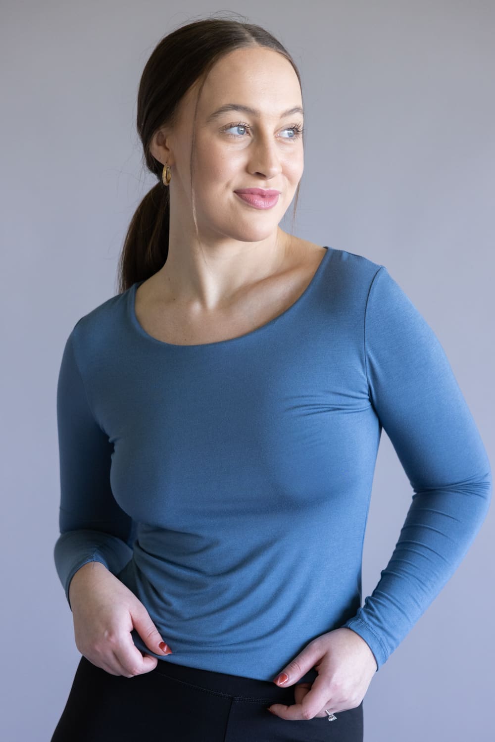 Seamless Double Layer Knit Top for Women in Blue Slate