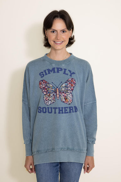 Simply Southern Butterfly Distressed Pullover for Women in Blue