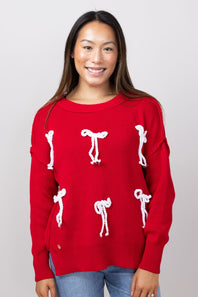 Simply Southern Cable Knit Sweater with Bows for Women in Red