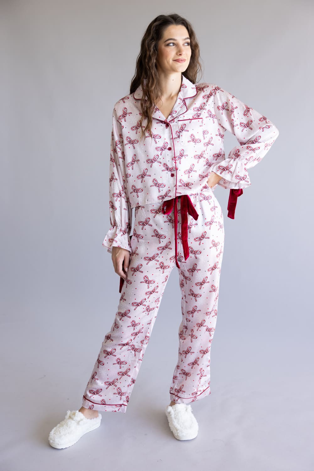 Simply Southern Candy Cane Bow Holiday Satin Pajama Set for Women in Pink