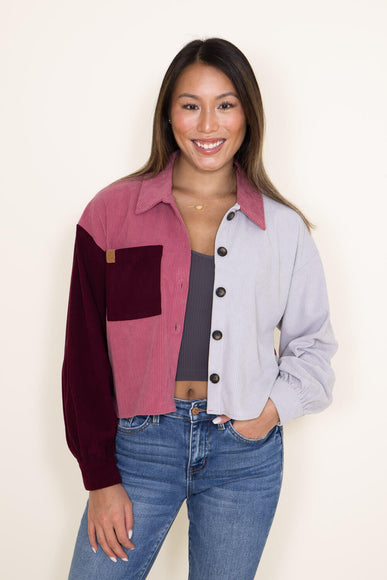 Womens Simply Southern Color Block Cropped Shacket for Women in Red Maroon