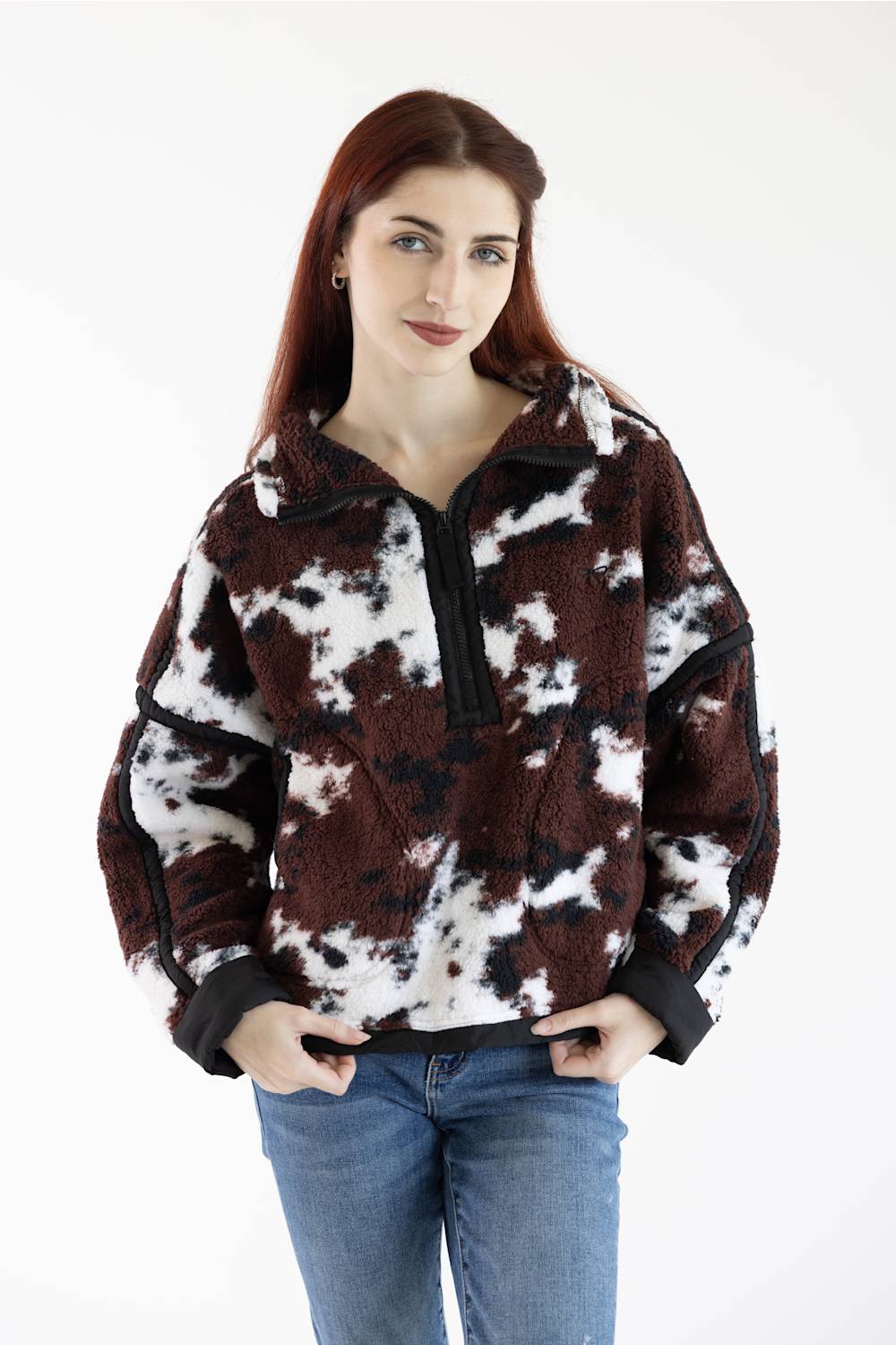 Simply Southern Eileen Mock Neck Pullover for Women in Cow Print | PP-0226-PULL-EILEEN-COW