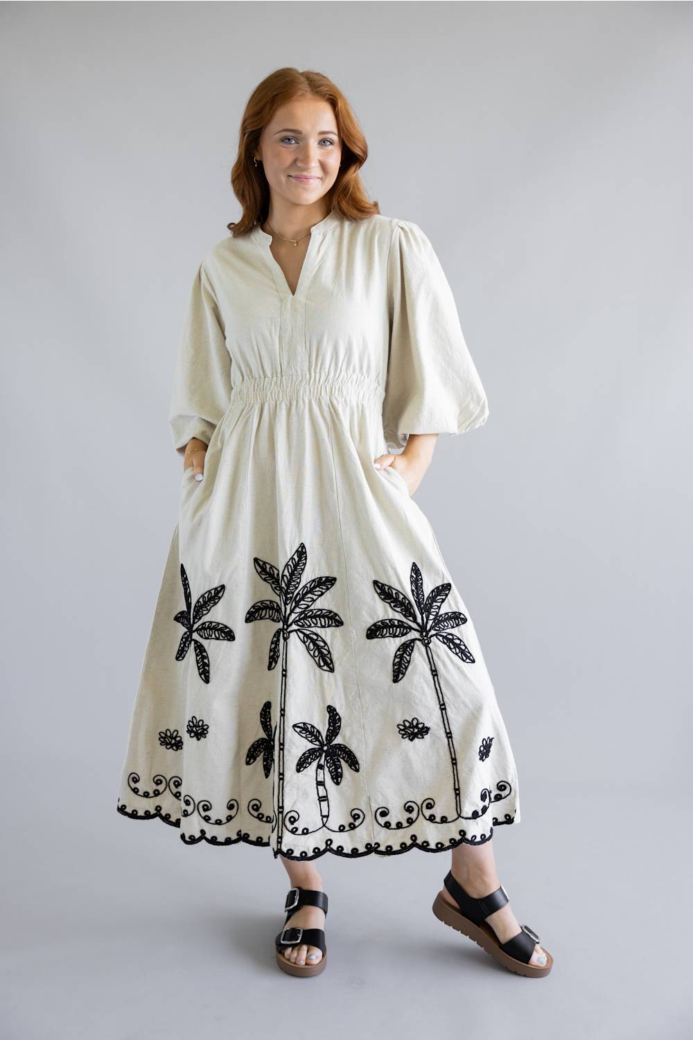 Simply Southern Embroidered Puff Sleeve Dress Linen / L, Size L