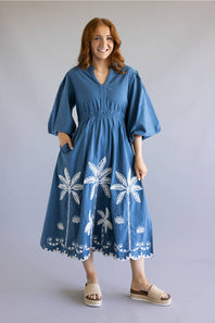 Simply Southern Embroidered Puff Sleeve Dress for Women in Navy