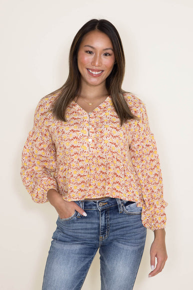 Simply Southern for Women Flower Button Top Crop Blouse for Women in Peach Orange