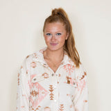 Simply Southern Furry Snap Sherpa Shacket for Women in Cream Aztec