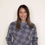 Simply Southern Women Fuzzy Checkerboard Crewneck Sweater for Women in Grey