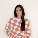 Simply Southern for Women Fuzzy Checkerboard Crewneck Sweater for Women in Orange