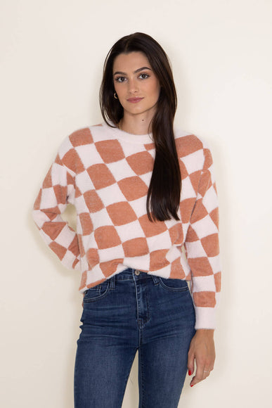 Simply Southern for Women Fuzzy Checkerboard Crewneck Sweater for Women in Orange