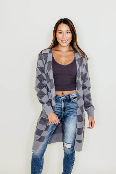 Womens Simply Southern Fuzzy Checkerboard Long Cardigan for Women in Grey 