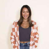 Simply Southern for Women Fuzzy Checkerboard Long Cardigan for Women in Tan