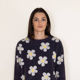 Simply Southern Womens Fuzzy Daisy Print Crewneck Sweater for Women in Grey