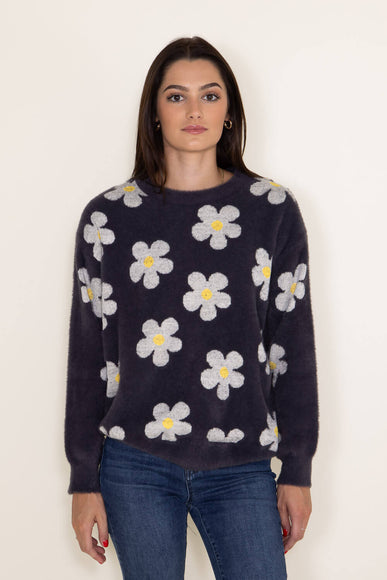 Simply Southern Womens Fuzzy Daisy Print Crewneck Sweater for Women in Grey