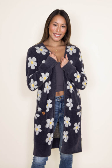 Simply Southern Womens Fuzzy Daisy Print Long Cardigan for Women in Grey