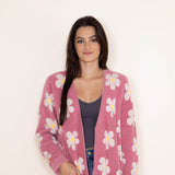 Womens Simply Southern Fuzzy Daisy Print Long Cardigan for Women in Pink